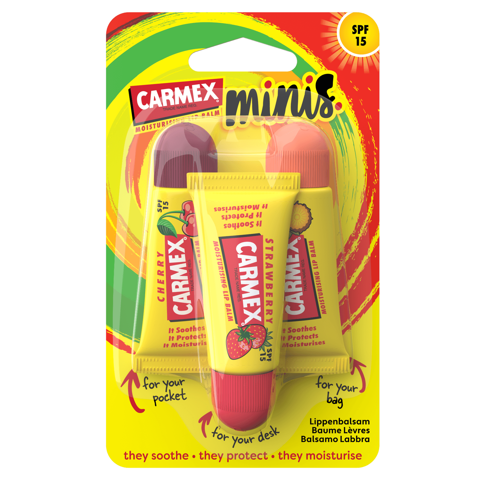 Carmex Minis Assorted SPF 15 in its pack