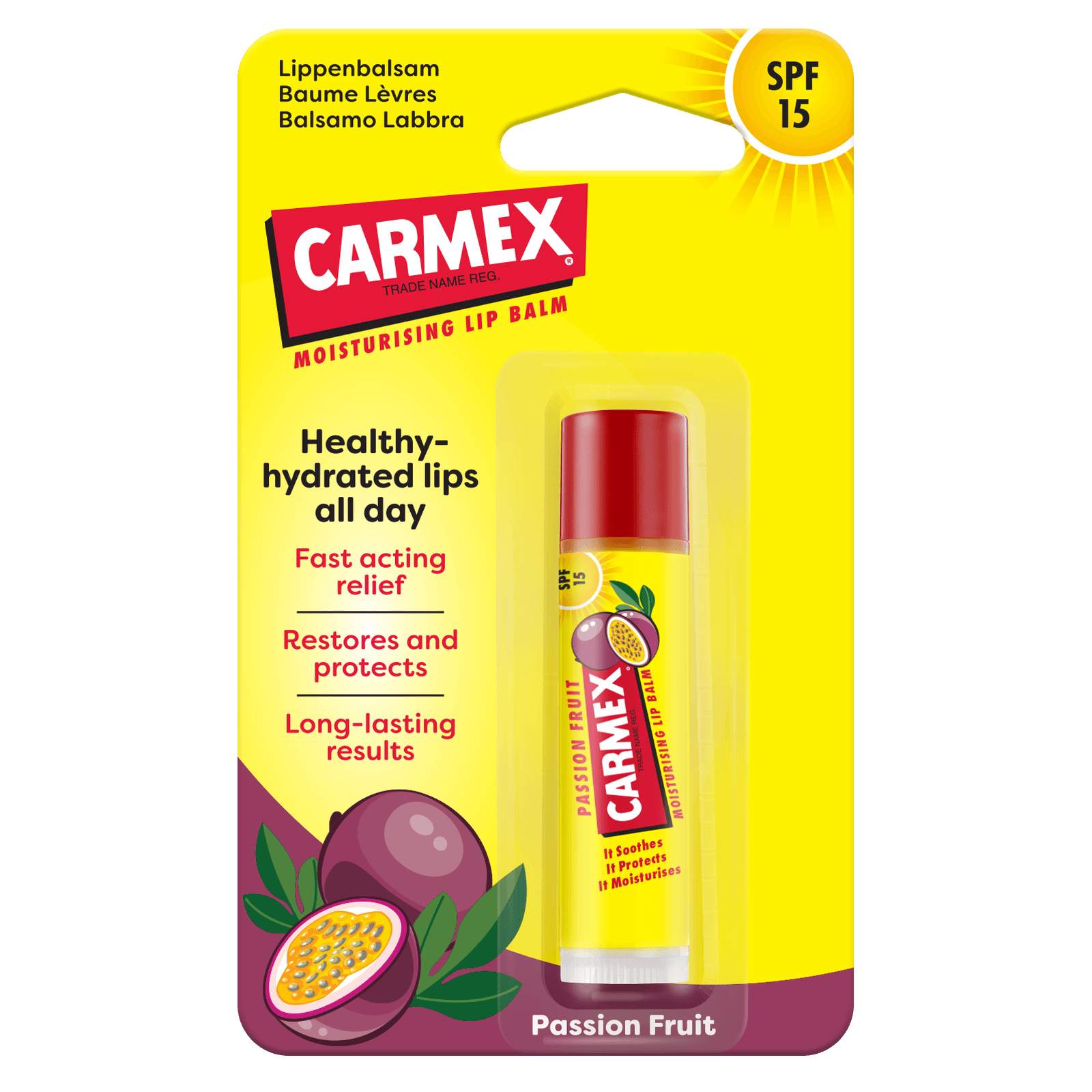 Carmex Passion Fruit Stick SPF 15 nella confezione