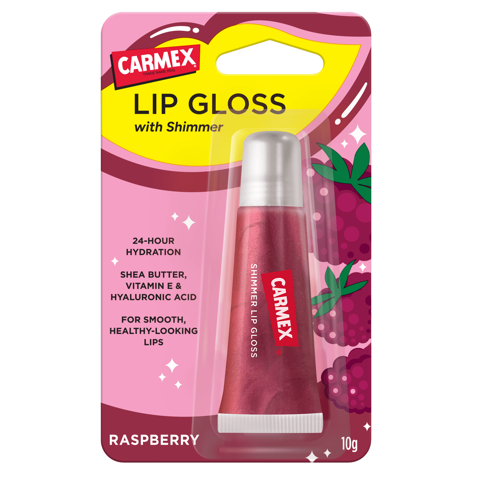 Carmex Lip Gloss with Shimmer Raspberry nella confezione